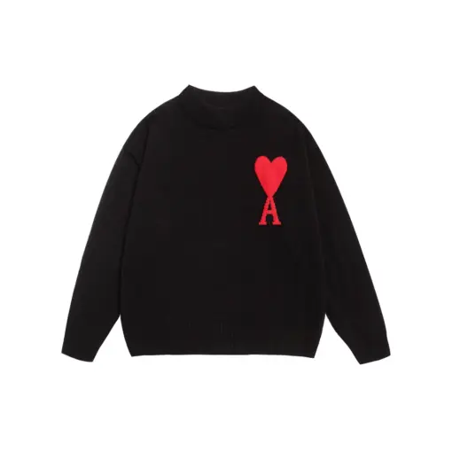 Ami Paris De Coeur Wool Crewneck Sweater Black With Red Intarsia Heart Logo