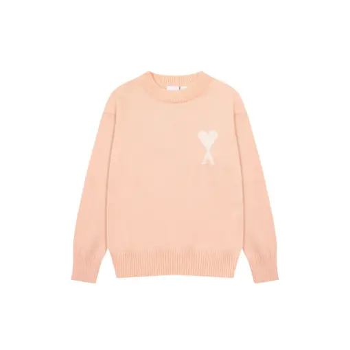 Ami Paris Jacquard ADC Merino Crew Neck Pullover Sweater Pink With White Heart Logo