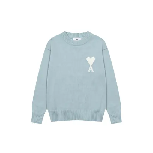 Ami Paris Jacquard ADC Merino Crew Neck Pullover Sweater Sky Blue With White Heart Logo