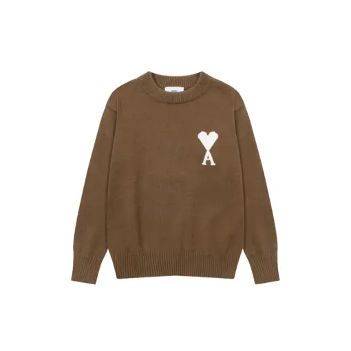 Ami Paris Jacquard ADC Merino Crew Neck Pullover Sweater Khaki With White Heart Logo