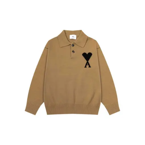 Ami Paris Jacquard ADC Merino Polo Collar Pullover Sweater Khaki