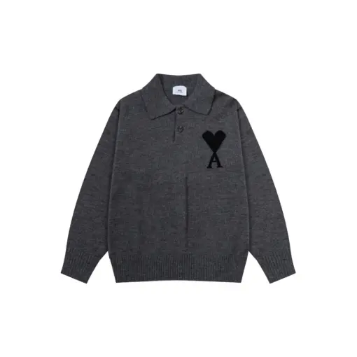 Ami Paris Jacquard ADC Merino Polo Collar Pullover Sweater Black