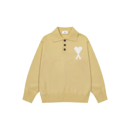 Ami Paris White Heart Jacquard Alpaca Blend Loose Polo Neck Pullover Sweater Light Yellow