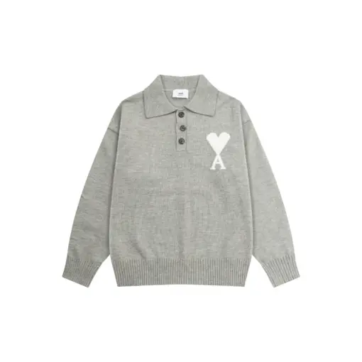 Ami Paris White Heart Jacquard Alpaca Blend Loose Polo Neck Pullover Sweater Light Gray