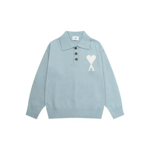 Ami Paris White Heart Jacquard Alpaca Blend Loose Polo Neck Pullover Sweater Baby Light Sky Blue