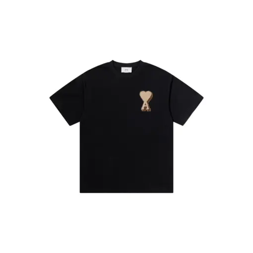 Ami Paris Classic Gold ADC Towel Embroidered Heart Short Sleeve T Shirt Black