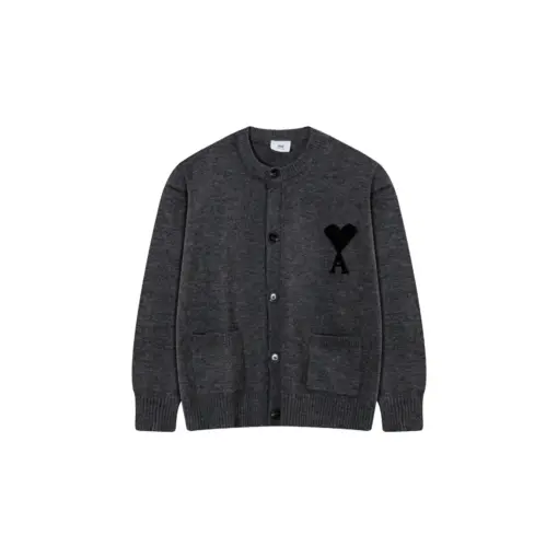 Ami Paris ADC Merino Heart Shaped Alpaca Blend Soft Cozy Knit Cardigan Round Neck Sweater Dark Gray