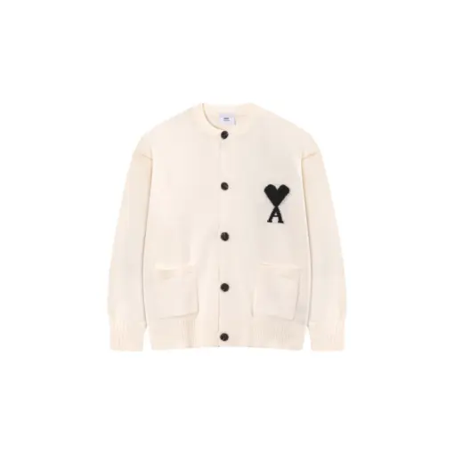 Ami Paris ADC Merino Heart Shaped Alpaca Blend Soft Cozy Knit Cardigan Round Neck Sweater White