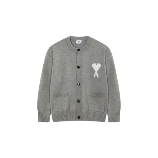 Ami Paris ADC Merino Heart Shaped Alpaca Blend Soft Cozy Knit Cardigan Round Neck Sweater Light Gray