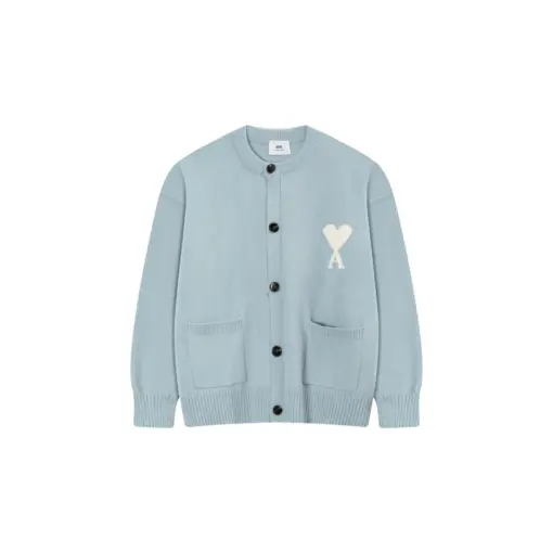 Ami Paris ADC Merino Heart Shaped Alpaca Blend Soft Cozy Knit Cardigan Round Neck Sweater Baby Sky Blue