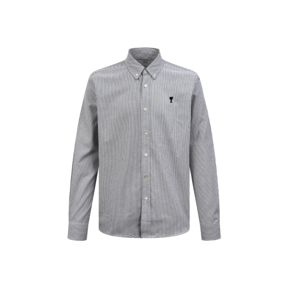 Ami Paris De Coeur Striped Oxford Cotton Shirt Button Gray