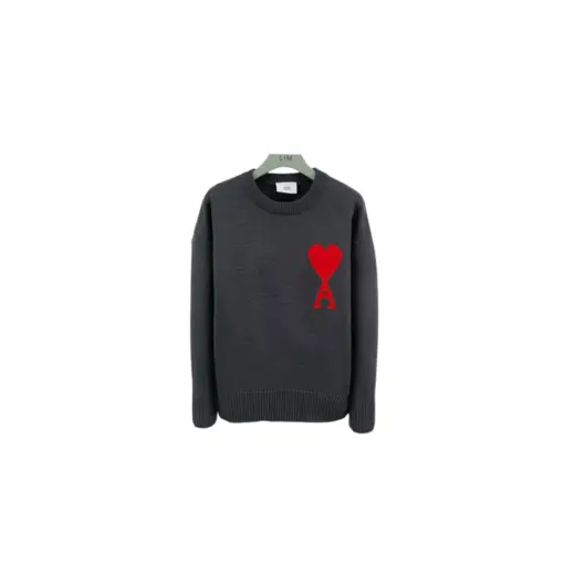 Ami Paris Large Heart Logo Blended Crew Neck Knit Sweater Dark Gray