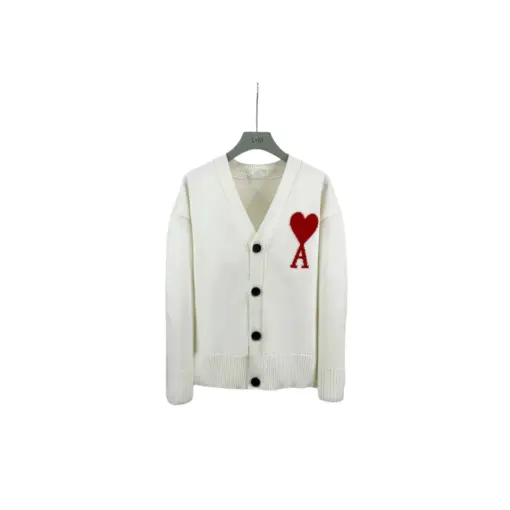 Ami Paris Large Heart Logo Loose Fitting Drop Shoulder V Neck Cardigan Sweater White