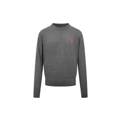 Ami Paris Ami De Coeur Crewneck Cardigan Gray Merino Wool