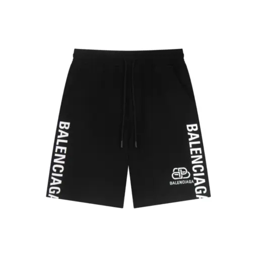 Balenciaga Logo Print Cotton Black Shorts With White Monogram