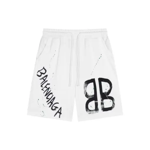 Balenciaga Logo Print Cotton Shorts White