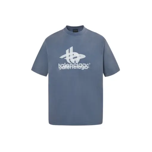 Balenciaga Oversized Logo Print Cotton Jersey T Shirt Faded Blue