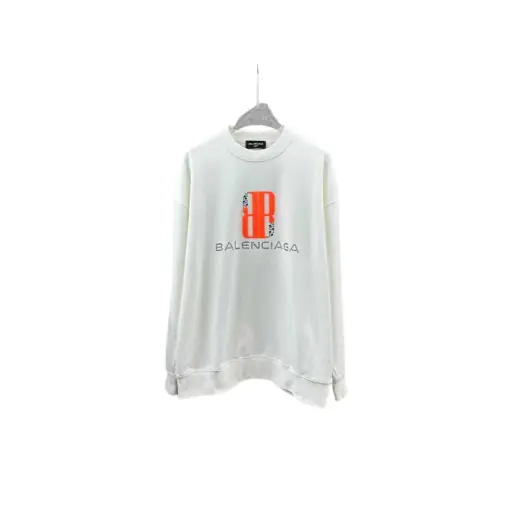 Balenciaga Oversized Full White Sweater With Orange Embosed Monogram