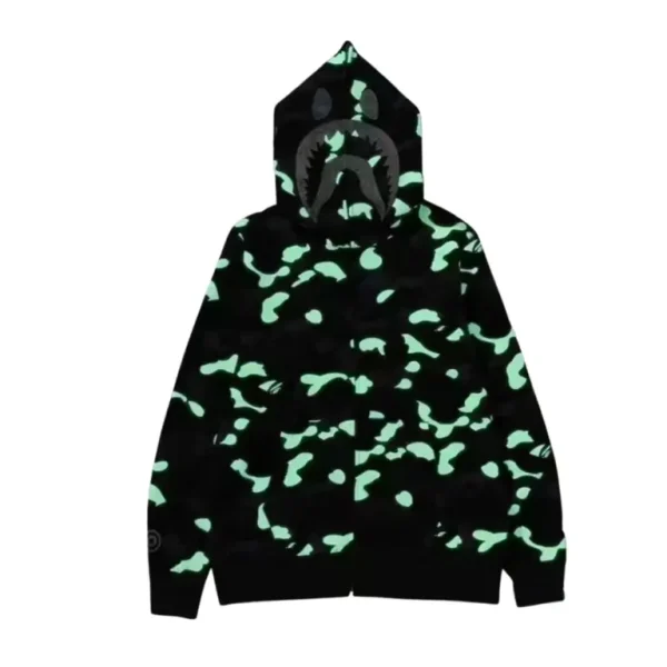 BAPE Shark Head Polka Green Dot Camouflage Full Zip Hoodie Black