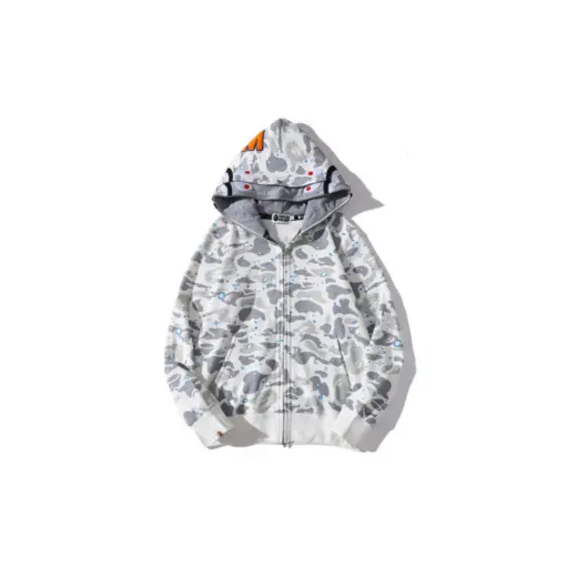 BAPE Shark Head Glow In The Dark Polka Dot Full Zip Double Hooded Hoodie Camouflage White M2