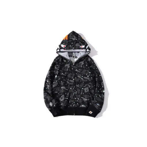BAPE Shark Head Glow In The Dark Polka Dot Full Zip Double Hooded Hoodie Camouflage Black M2