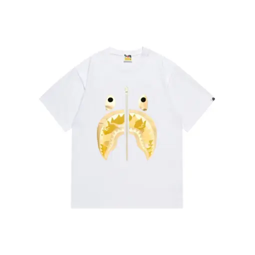 BAPE Camo Shark Face White T Shirt Yellow Flame Design