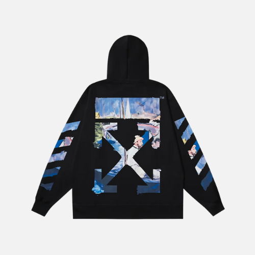 Hoodie Off-White In Black With Blue, Green, And Yellow Accents