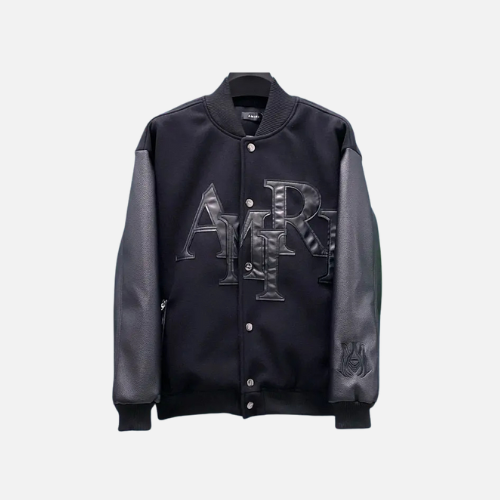 AMIRI Staggered Logo Varsity Jacket Black Wool Blend With Leather Sleeves