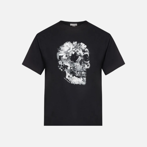 Alexander McQueen Wax Flower Skull-Print T-Shirt Black