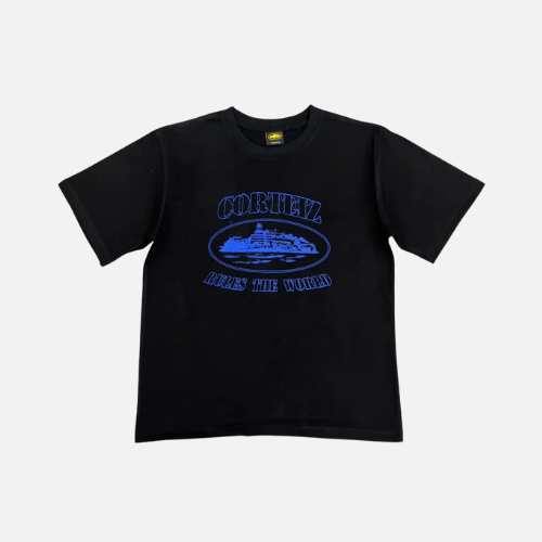 Corteiz Alcatraz T-shirt Black With A Blue Reflective Logo Print