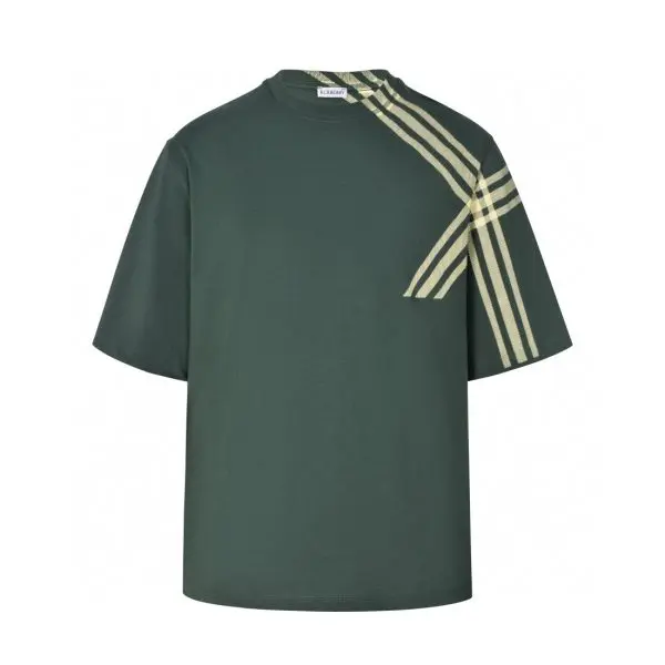 Burberry Rib-Knit Neckline Check Sleeve Cotton T-Shirt Green