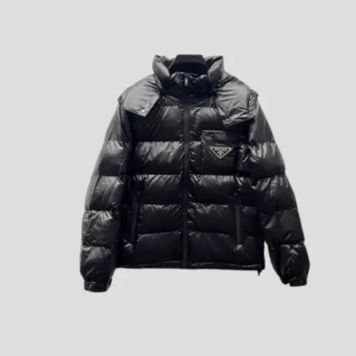 Prada Logo Hooded Puffer Jacket Black