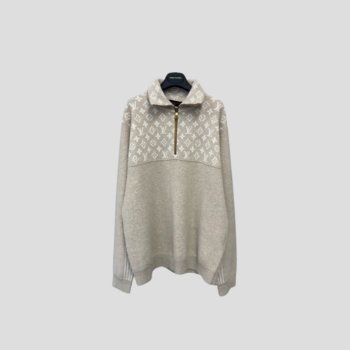 LV Ribbed Wool Half-Zip Pullover In A Light Beige