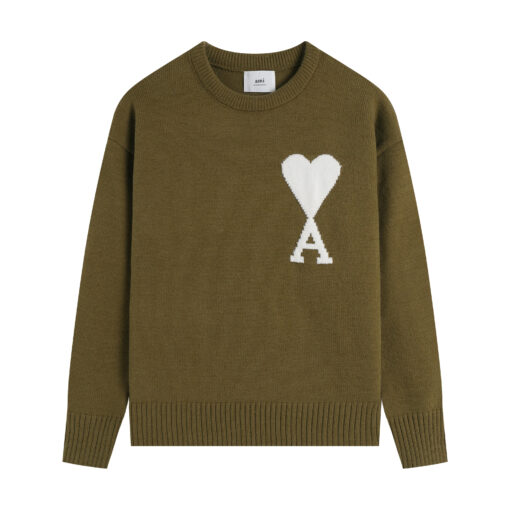 Ami Paris De Coeur Felted Merino Wool Sweater Olive Green