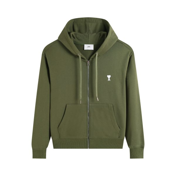 Ami Paris Ami De Coeur Zip-Up Hoodie Olive Green